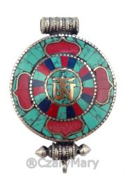 Tybetaski amulet GHAU z lapis lazuli, turkusem i czerwonym koralem + RZEMIE gratis