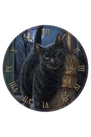 Zegar cienny, czarny kot w magicznym domu