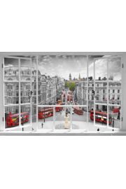 Londyn - widok z okna - Czerwone Autobusy - plakat
