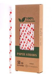 Biodegradowalni Naturalne papierowe somki do napojw Czerwone serca 19,7 x 0,6 cm 50 szt.