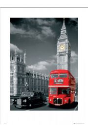 Londyn big ben czerwony autobus i taxi - plakat premium 60x80 cm